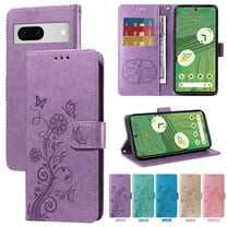For Google Pixel 7 Case Wallet, Stylish Flower Butterfly Embossed PU Leather Flip Cover Stand Shockproof Cards Slots Hand Wrist Phone Case for Google Pixel 7, Purple