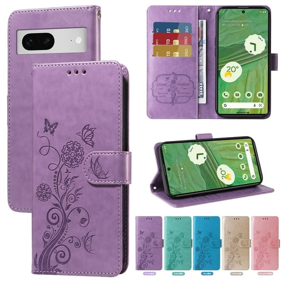 For Google Pixel 7 Case Wallet, Stylish Flower Butterfly Embossed PU Leather Flip Cover Stand Shockproof Cards Slots Hand Wrist Phone Case for Google Pixel 7, Purple