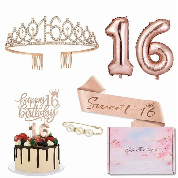 16th Birthday Decorations for Girls - Including 16 Birthday Cake Topper, Balloons, Queen Sash, Crown and Candle Set , Beautiful Gift Box, Rose Gold