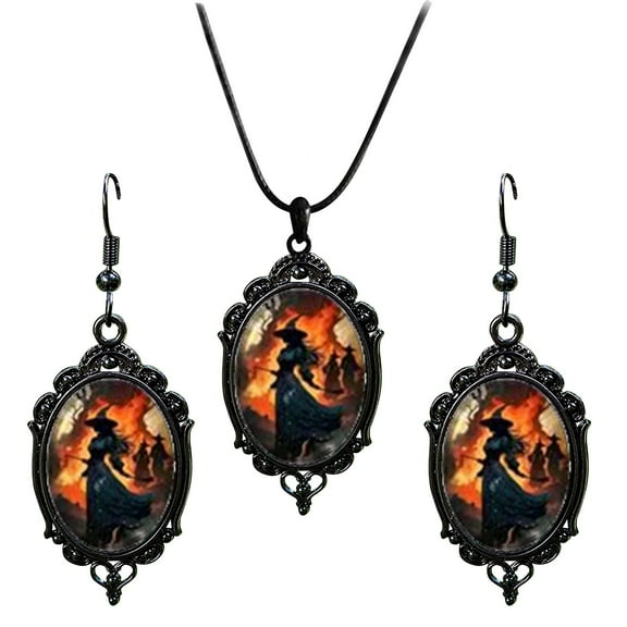 ZTTD Halloween Moon Magic Necklace Earrings Set for Women Forest Cameo Earrings Vintage Victorian Crystal Gem Crow Necklace Halloween Vampire Mystic Witch Costumes Jewelry Set Gifts