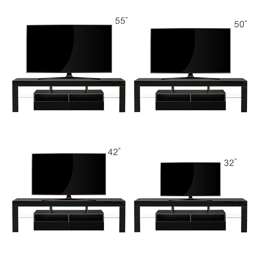 Kadyn TV Stand Cabinet, Modern TV Console with 2 Drawers & 2 Open Shelves, 20-color RGB LED lights with Remote, Particle Board Corner TV Console Table for Living Room, Black