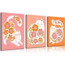Boho Cats Canvas Wall Art Funny White Cat Wall Decor Pictures Cute Colorful Floral Cats Posters Prints for Living Room Bedroom Bathroom Nursery Home Decoration(Framed canvas)
