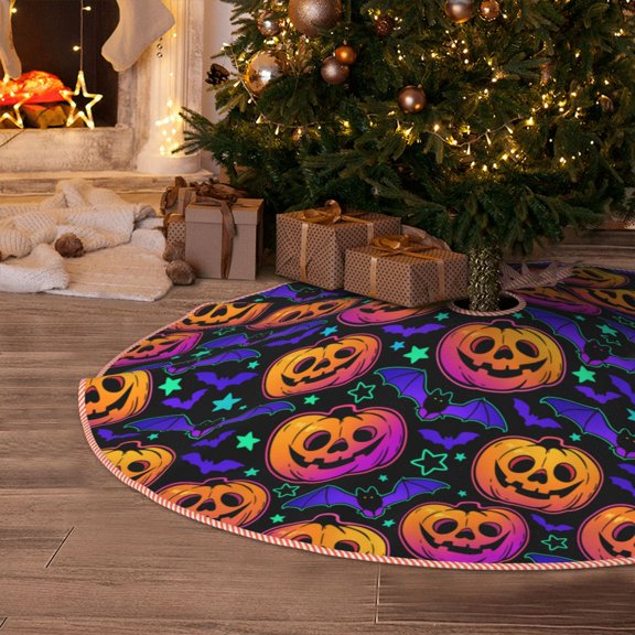 Halloween Christmas Tree Skirt - bright haloween pumpkins bats 30 Inches Christmas Tree Skirt for Halloween Holiday Indoor Home Christmas Tree Decorations with Three Ribbons