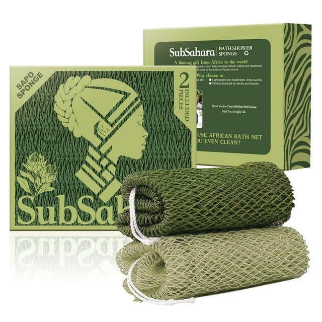 SubSahara Auténtica esponja de red africana – 2 piezas exfoliante para todo tipo de piel esponja de baño para cara y cuerpo, viaje portátil, duradera, suave exfoliación (verde oliva y verde claro)
