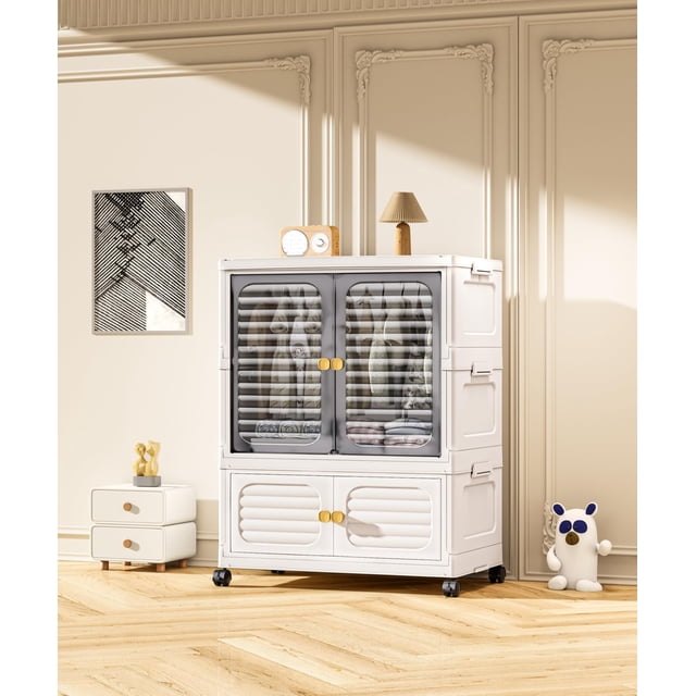 Garde-robe Portable avec Portes et Roues / Bacs de Rangement Empilables à 3 Niveaux avec Couvercles