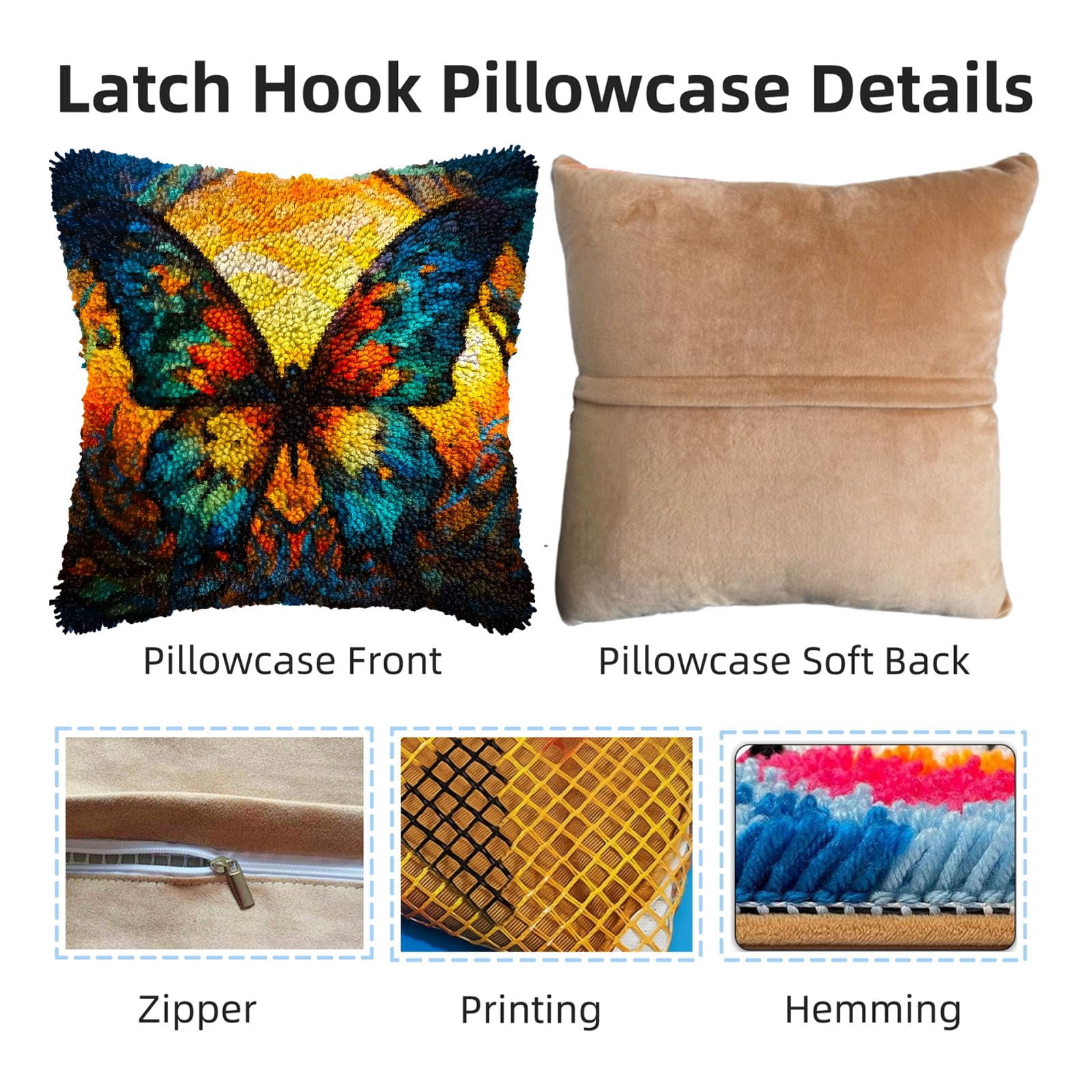 Stained Glass Colorful Butterfly DIY Latch Hook Pillow Kits for Adults Printed Pillowcase Crochet Yarns Hooking Handmade Pillow Cover Cushion for Home Sofa Decoration 17x17inch(2)
