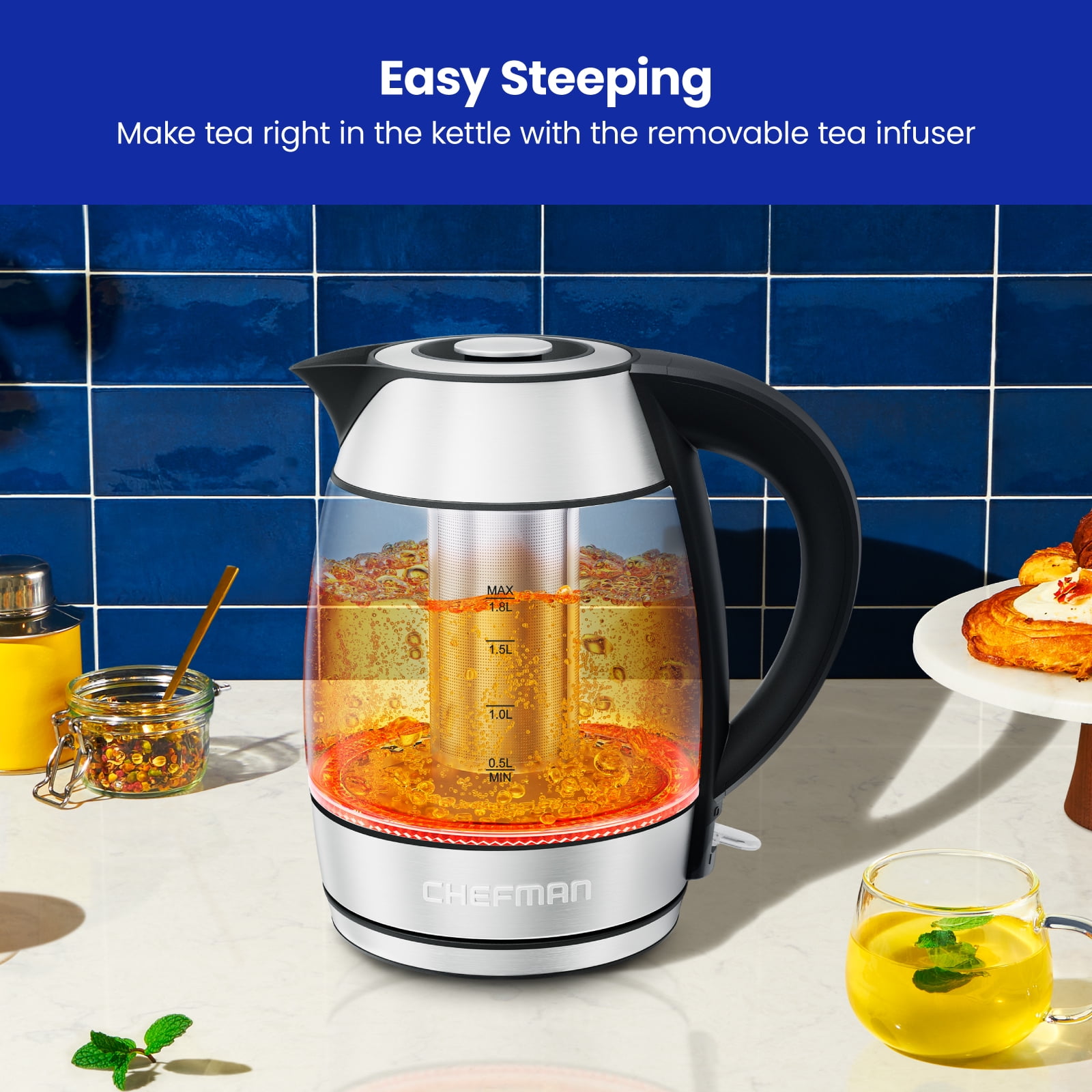 Chefman Rapid-Boil 1.8L Electric Tea Kettle w/ Keep Warm and Tea Infuser - Stainless Steel