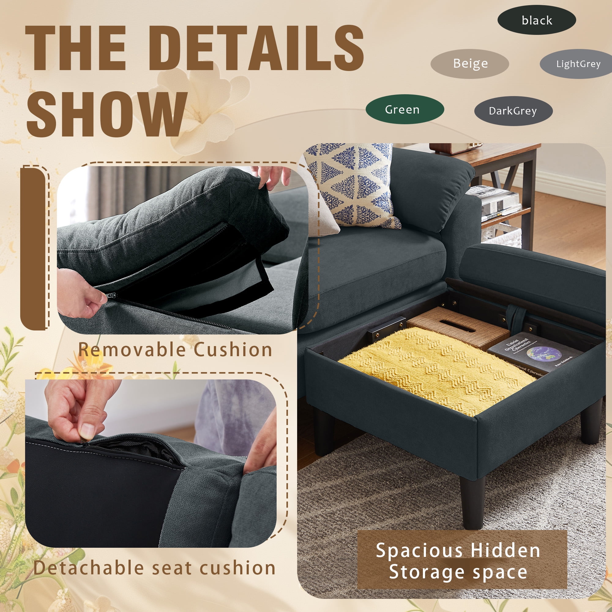 Jarenie Comfortable Modern Linen L Shaped Darkgrey Sectional Sofa Set