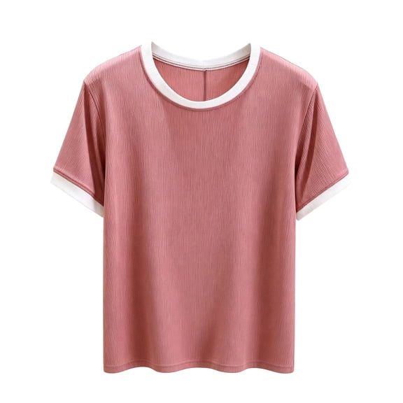Annhoo Pajama Tops for Women Spring Summer Block Color Crewneck Loose Short Sleeve Shirts Soft Comfy Clothes
