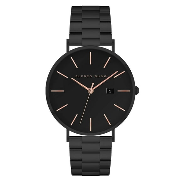 Alfred Sung Men's Metropolitan Black Date Rosegold Accents Link Watch