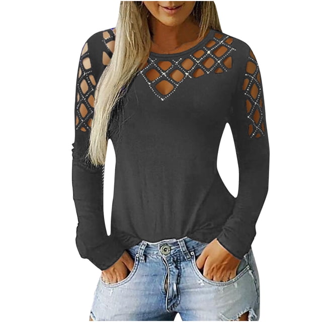 IROINID Rabais T-Shirts à Manches Longues pour Femmes Grande Taille Col Rond Découpé Blouse T-Shirt, Gris