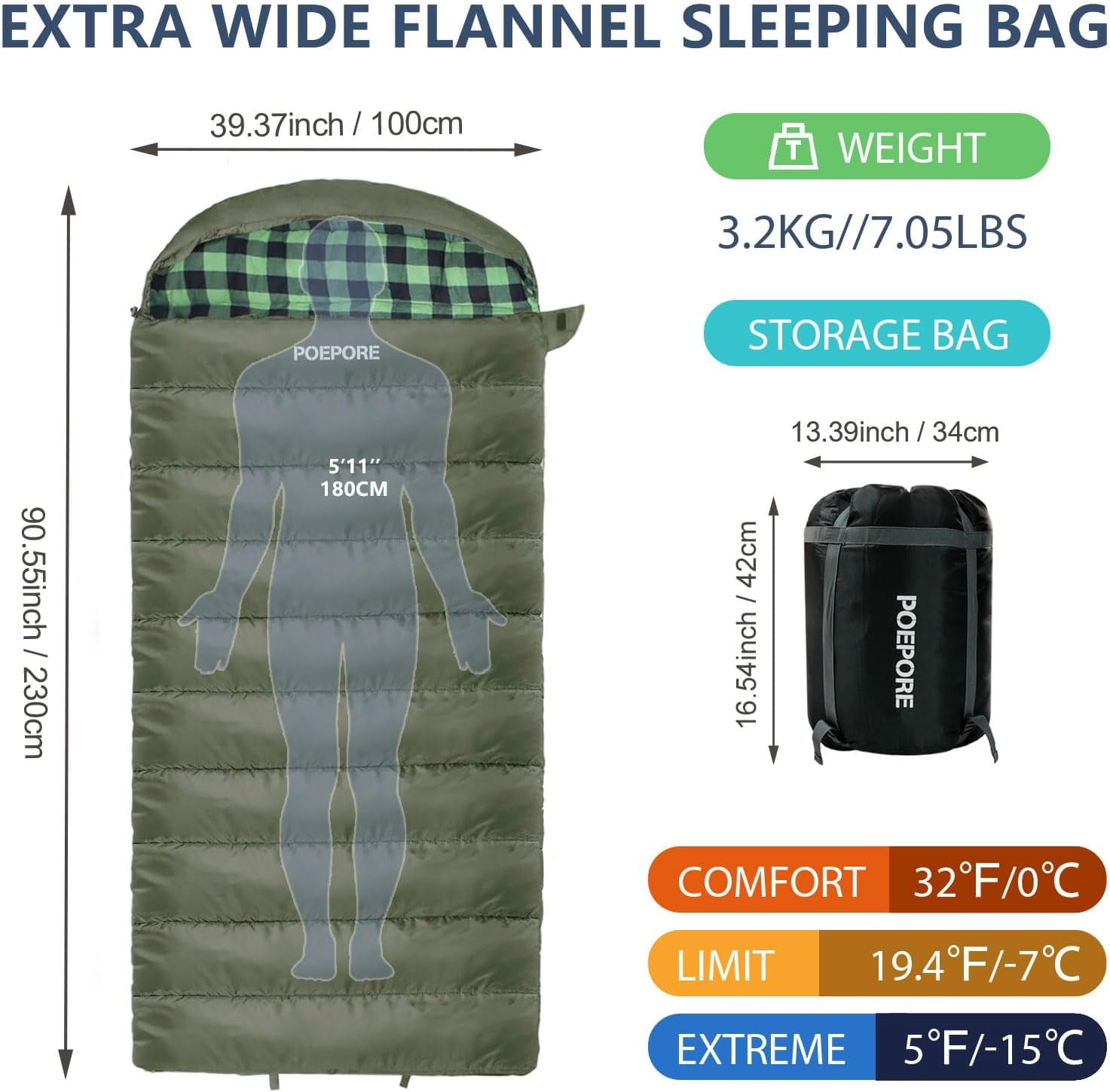 0 Degree Sleeping Bag 100% Cotton Flannel XXL Cold Weather Winter Oversized for Adults Camping Zero Big and Tall with Compression Sack