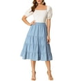 thumbnail image 2 of INSPIRE CHIC Women's Midi Skirts Solid Elastic Waist Flare A-Line Tiered Skirt with Pockets XS Blue, 2 of 8