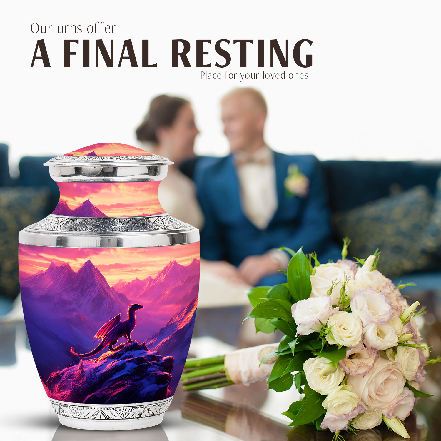 JAGASY Dragon Handmade Large Urn for Human Ashes, Purple Urn for Ashes Adult Male & Female, Snowy Mountain & Sunset Decorative Urns for Boys, Funeral Cremation Urns for Girls, (10 Inch)