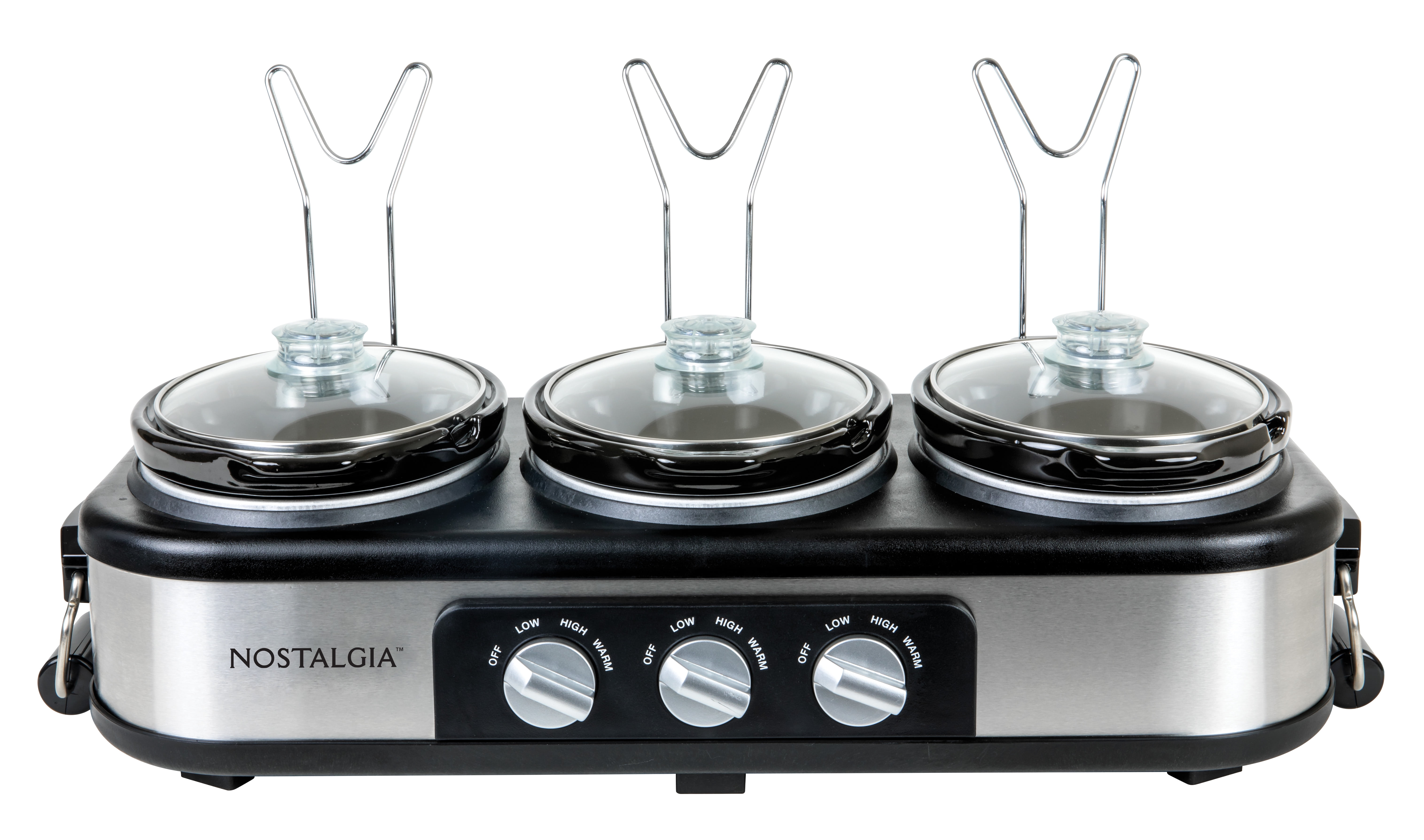 Nostalgia 1.5 qt Triple Slow Cooker, 3 Crock Pot Buffet Server with Removable Ceramic Pots, Stainless Steel