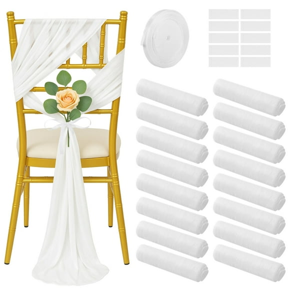 16 Pcs White Chair Sashes, Sheer Polyester Chair Bow Sashes, Long Aisle Decorations with Ribbon & Adhesive Tapes, Tulle Chair Drapes for Weddings, Banquets, Churches, 7.3"×9ft