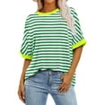 thumbnail image 2 of WCMZJ Women Stripe Print Oversized T Shirt Casual Color Block Exposed Seam High Low Pullover Blouses Crewneck Half Sleeve Tee Tops Green S, 2 of 5