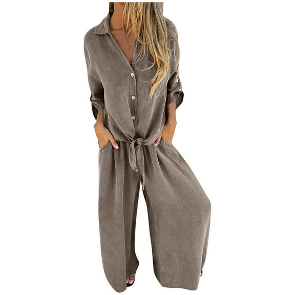 Tie Front Lounge Set Women - Button Down Shirt & Elastic Waist Pants Vacation Outfits Loose Fit Long Sleeve Summer Pantsuit Lightweight Breathable