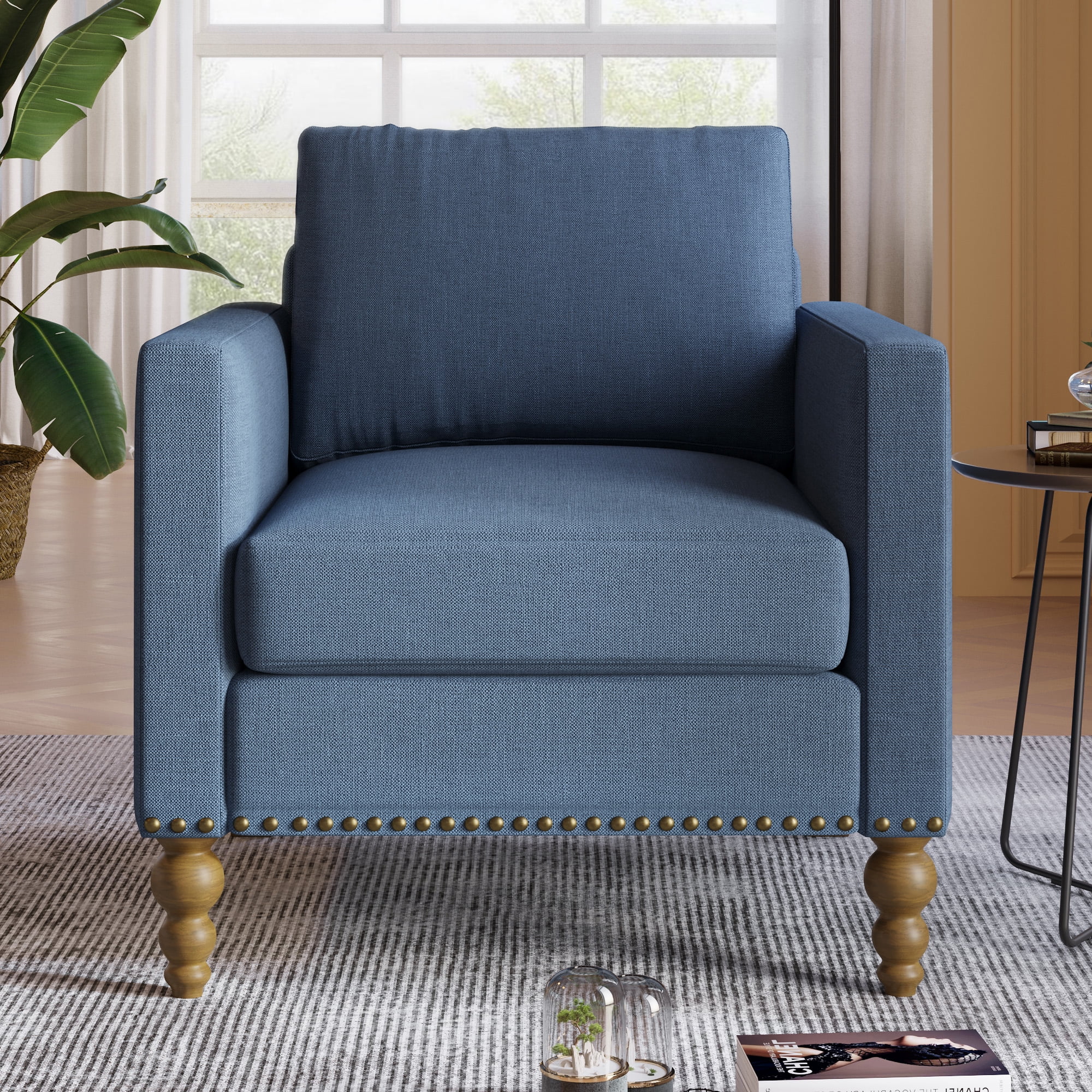 SLEERWAY Accent Chair with Small Pillow, Mid Century Armchair with  Decorative Nailheads and Solid Wooden Legs, Modern Chairs for Living Room  and
