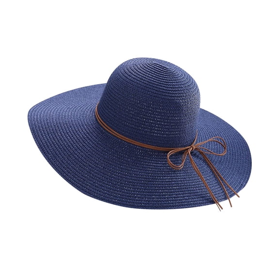 Xijirk Womens Straw Sun Hat with Wide Brim Rope Bow Breathable Woven Hat for Beach Travel Pool Outdoor Daily Casual Wear,Navy,One Size