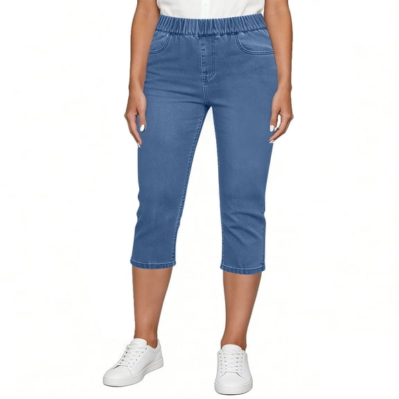 Busydd Capri Jeans for Women Casual Solid Color Elastic Waistband Denim Capris with Pockets L