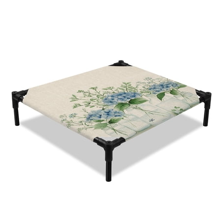 Flowers Plants Elevated Dog Bed Watercolor Spring Blue Floral Farmhouse Leaves Retro Cooling Breathable Outdoor Raised Dog Cot Bed with Metal Frame Non-Slip Feet for Small Dog 20x20in