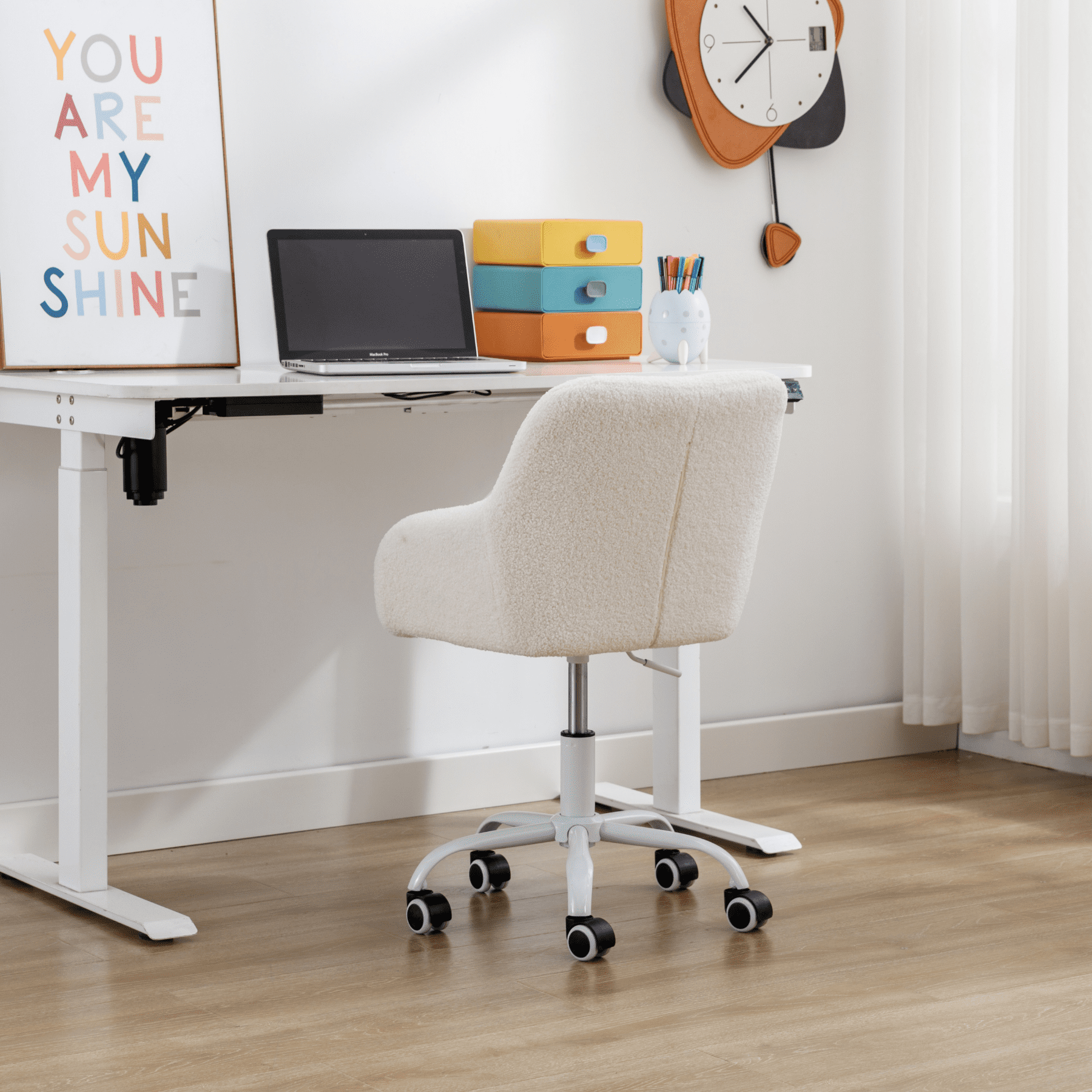 Dayalane Kids Desk Chair, Adjustable Swivel Faux Fur Study Chair with Armrests, Comfy Upholstered Computer Chair for Boys and Girls, Cute Computer Chair for Children, White