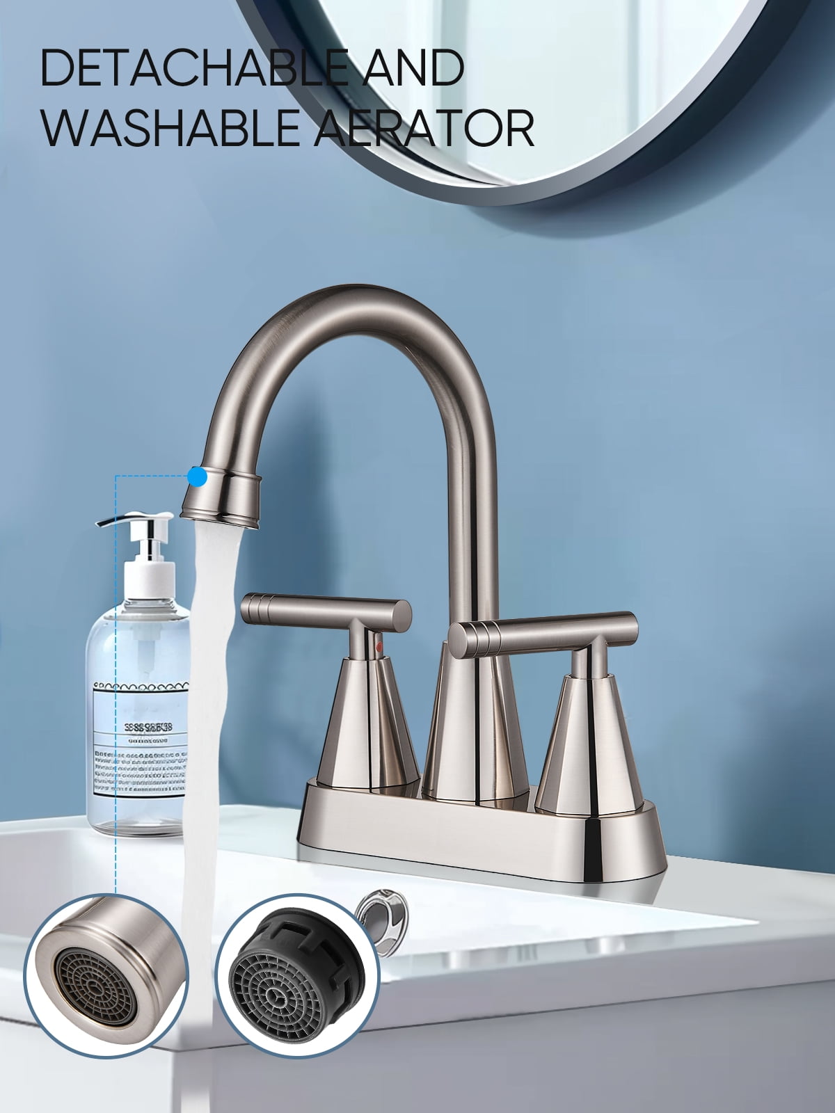 4-inch Bathroom Faucet with Pop up Drain and Two Supply Hoses, Lead-Free Stainless Steel 2-Handle Centerset Faucet for Vanity, RV Brushed Nickel