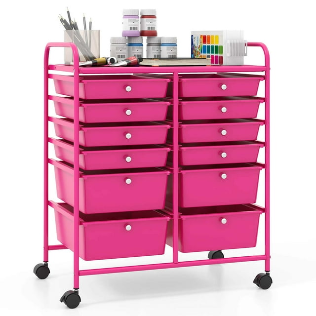 Costway Chariot de Rangement Roulant à 12 Tiroirs avec 2 Tailles Tiroirs en Plastique Rose Vif