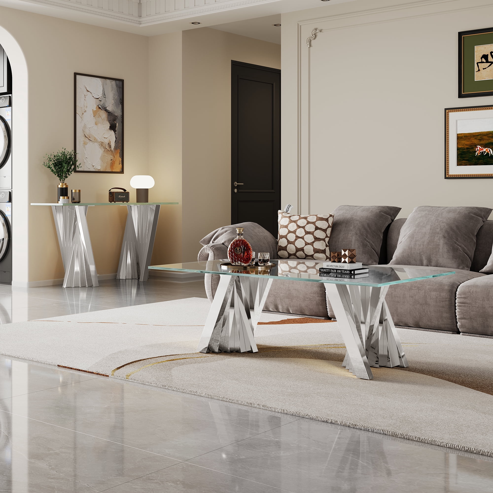 51" Glass Coffee Table with Rectangular Tempered Glass Top & Flash-Shaped Irregular Stainless Steel Base, Central Table, Cocktail Table, Tea Table for Living Room, Office.