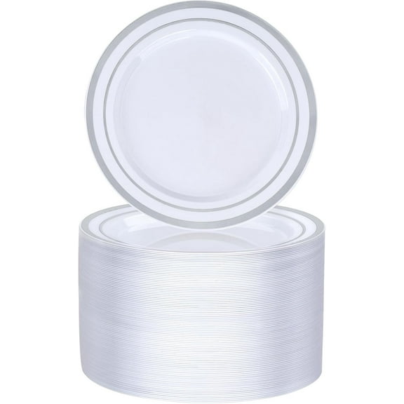 100PCS Silver Plastic Plate, 7 Inch Disposable Dessert Plate Party with Silver Rim, Heavy Duty Disposable Plastic Plates for Party, Wedding and Birthday
