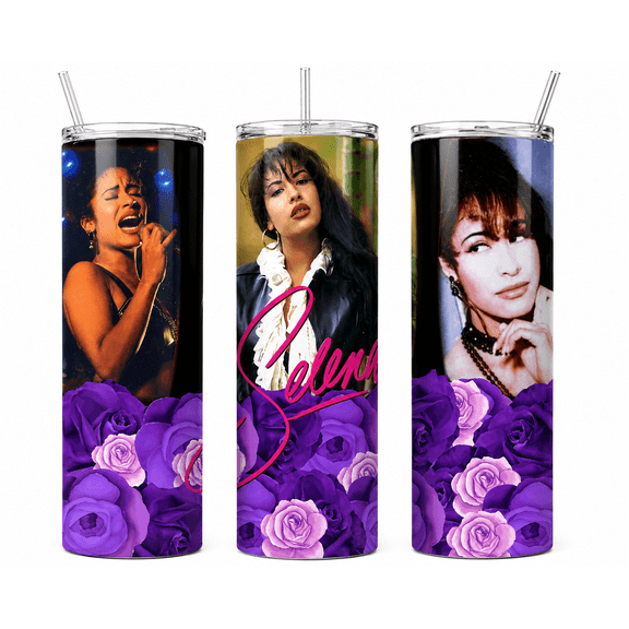 Stainless Steel Tumbler Double Wall with Lid Straw 20oz Selena Purple Flowers Water Tumbler Cup