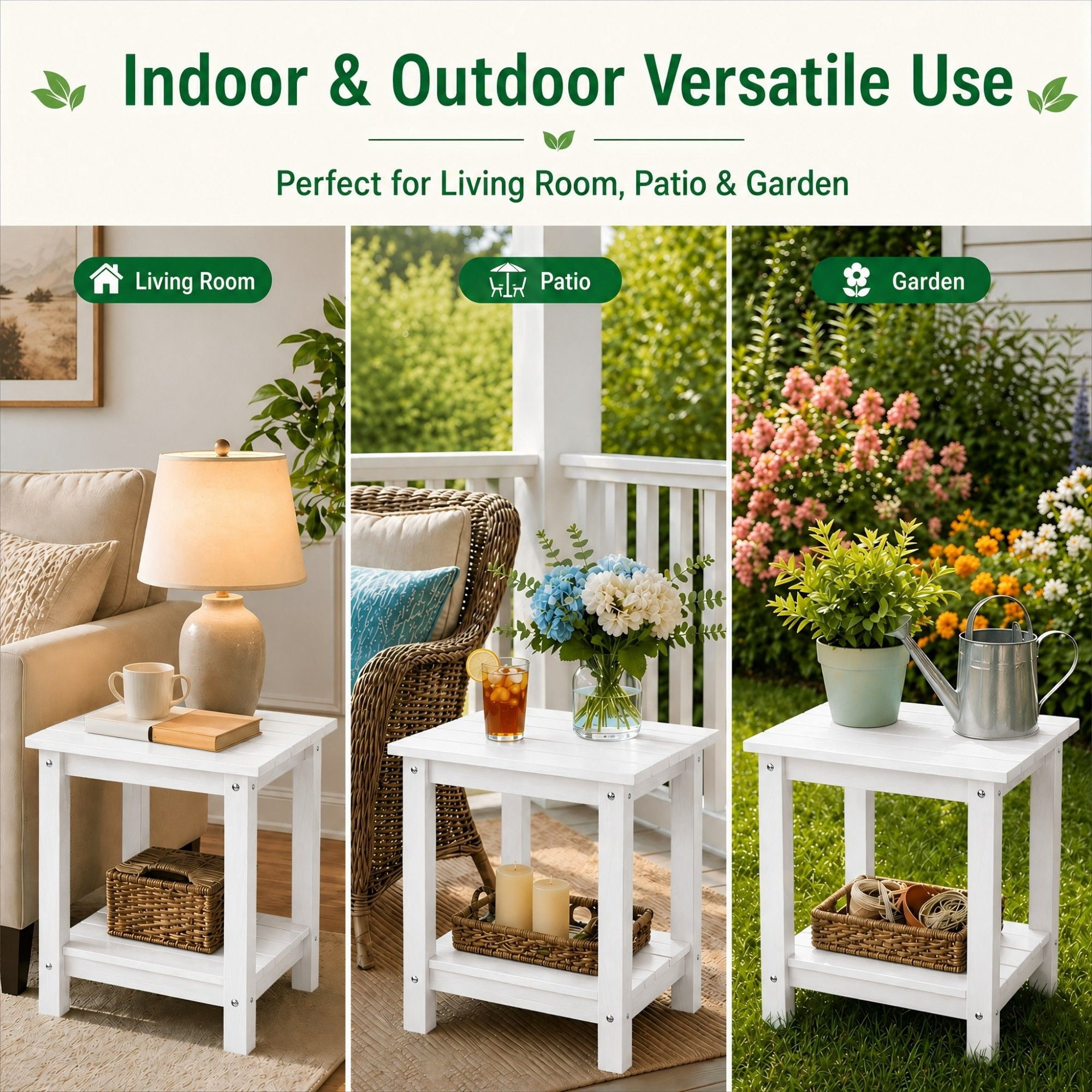 Y&M Outdoor Side Table, HDPE Patio End Table for Adirondack Chair, Weather Resistant Small Accent Table, White, Double Layer