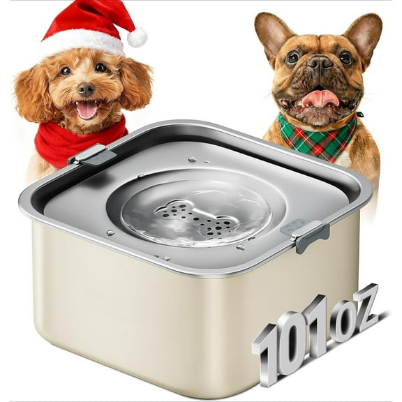 No Spill Water Bowl for Dogs,101oz/3L Stainless Steel Slobber Stopper, No Drip Slow Drinking Dog Water Bowl, No Mess Dog Water Dispenser Spill Proof, Dishwasher Safe, Silver