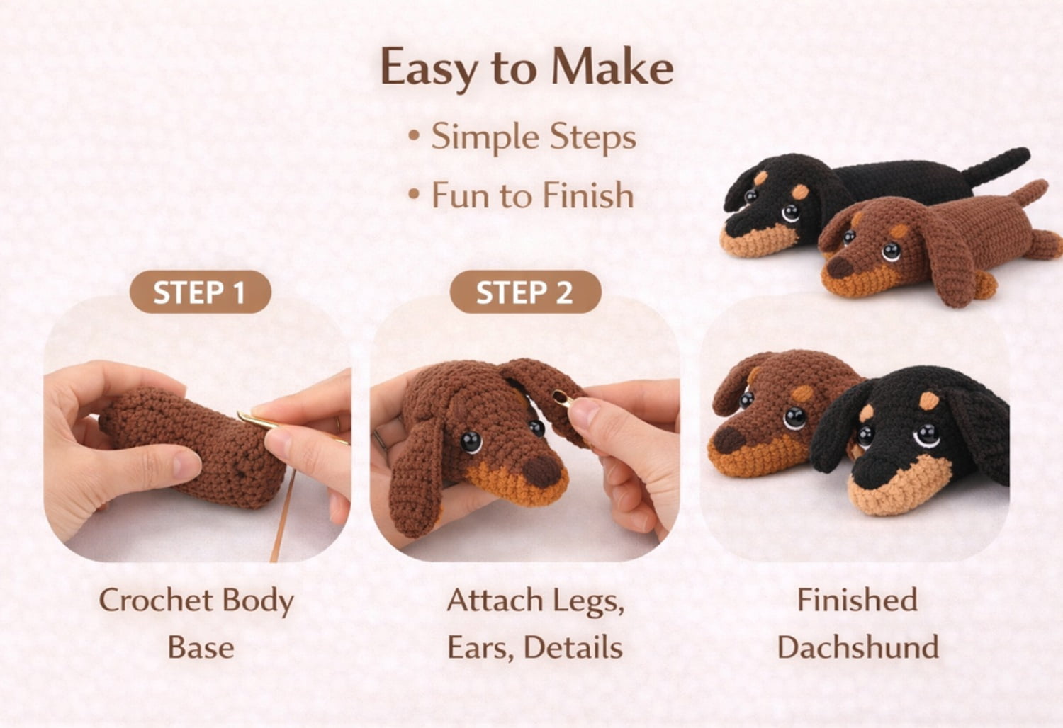 2 Pack Dachshund Crochet Kit for Beginners, Dog Amigurumi Starter Set with Step by Step Video Tutorials, TIKA