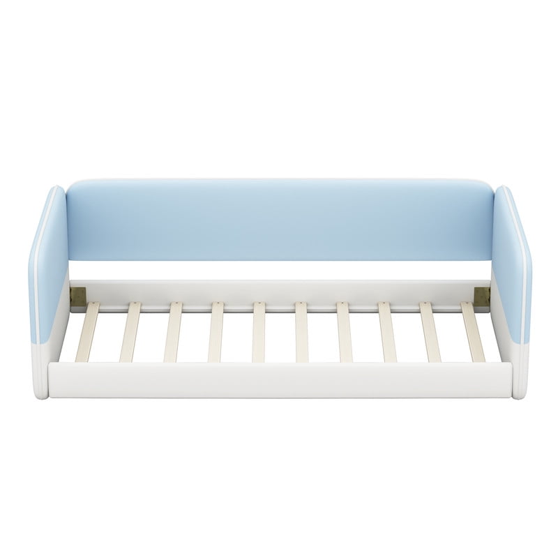 Twin Size Kids Low Profile Platform Floor Bed with Headboard and Armrests, Velvet Upholstered Child Daybed Frame with Guardrail