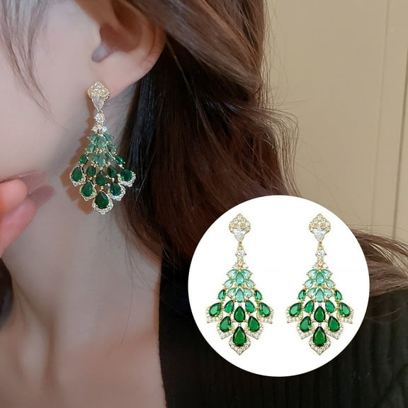 Hyasfey 1 Pair Drop Earrings Faux Green Feather Shape Elegant Vintage Gorgeous Gift Nonallergic Rhinestone Inlaid Dangling Earrings Fashion Jewelry