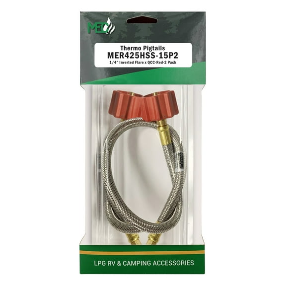 Marshall Excelsior MER425HSS-15P2 High Capacity Thermo Pigtail, 1/4" Inverted Flare X QCC with Braided Stainless Steel Hose - 15", Red, Pack of 2