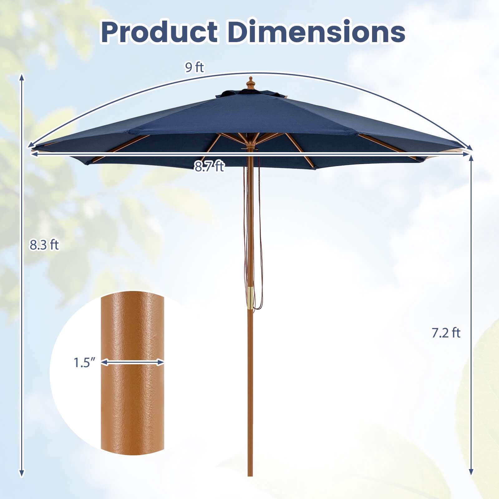Costway 9 FT Patio Umbrella with Adjustable Height, Rope Pulley Lift, Vented Top for Beach Navy Blue