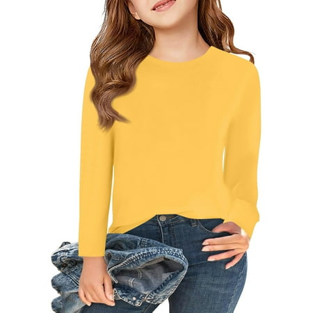 CCRFTGI Shirts For Kids Girls Size 10-12 Trendy Clothes Basic Long Sleeve T Shirts Soft Crewneck Shirts shirts for kids trendy Light Tops Tees Fall Outfits Yellow 9-10Y