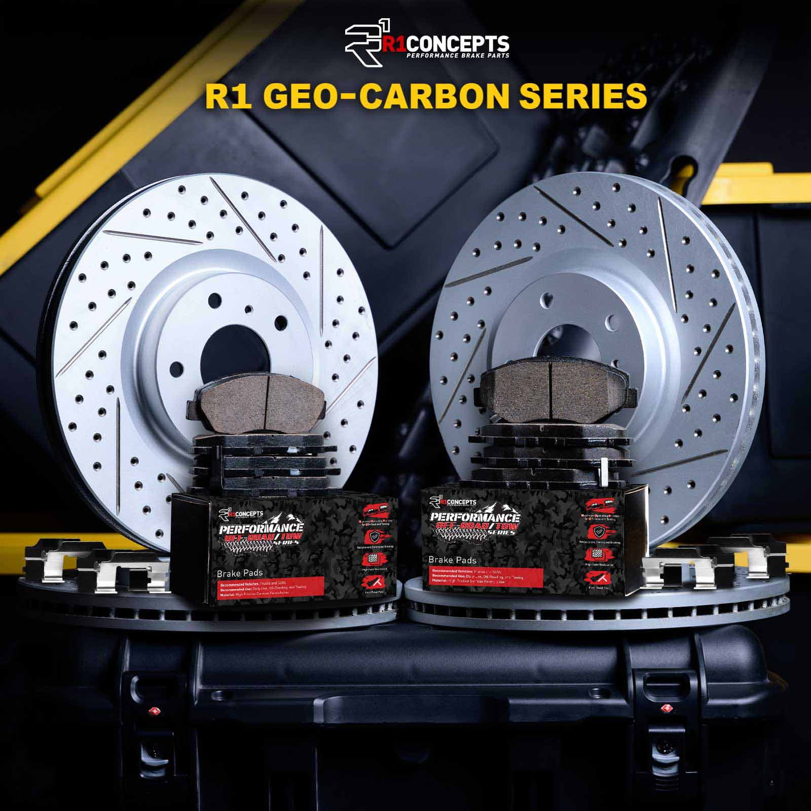 R1 Concepts Drilled and Slotted Carbon Coated Disc Brake Rotor Set with Off-Road/Tow Brake Pads and Hardware WBVH2-48010
