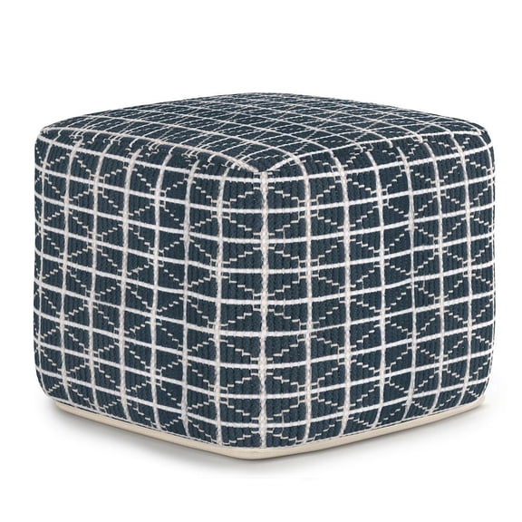 Simpli Home Simpli Home Noreen Boho Square Pouf in Dark Blue and White Handloom Woven Pattern
