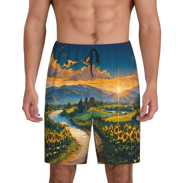 Balery Sunflowers At Sunset Pantalones cortos de pijama de punto de algodón para hombre con cinturilla y bolsillos-4X-Large