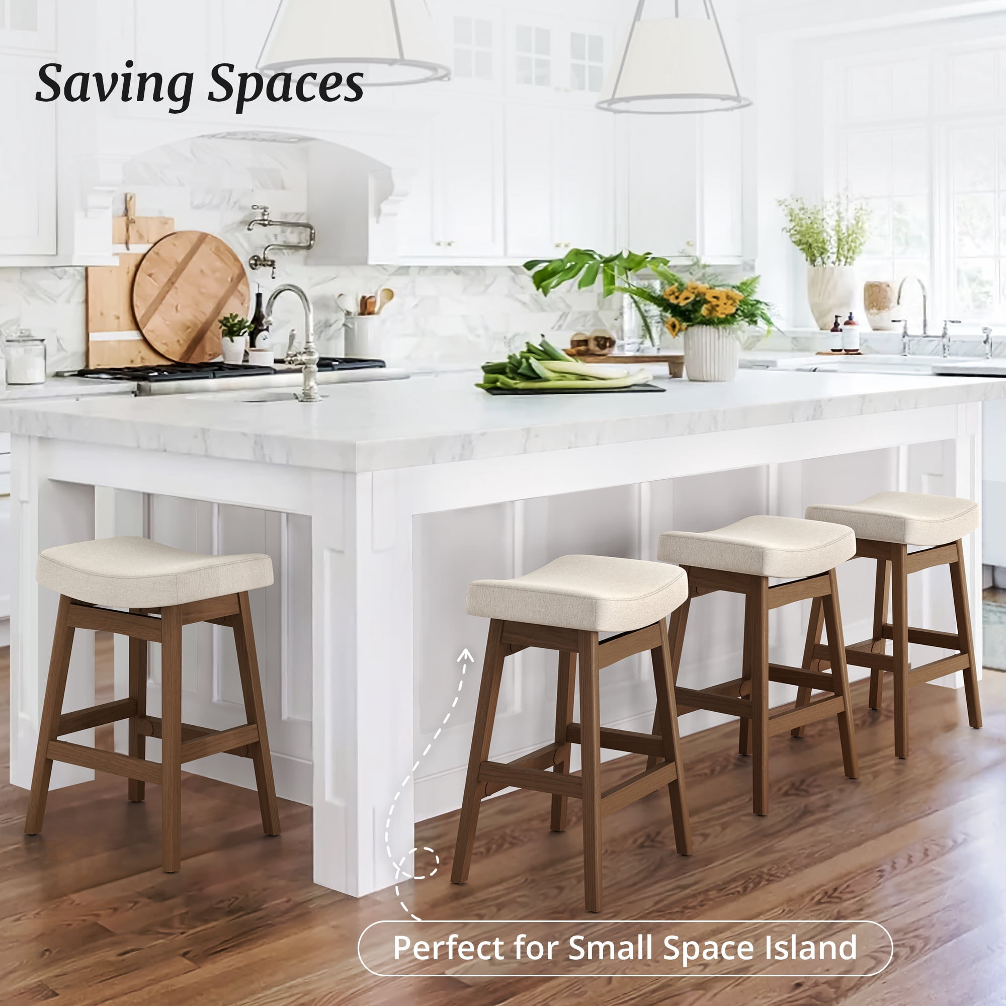 Dycanpo 24'' Counter Height Bar Stools Set of 3,Saddle Seat Bar Stools for Kitchen Dining,Linen-Fabric