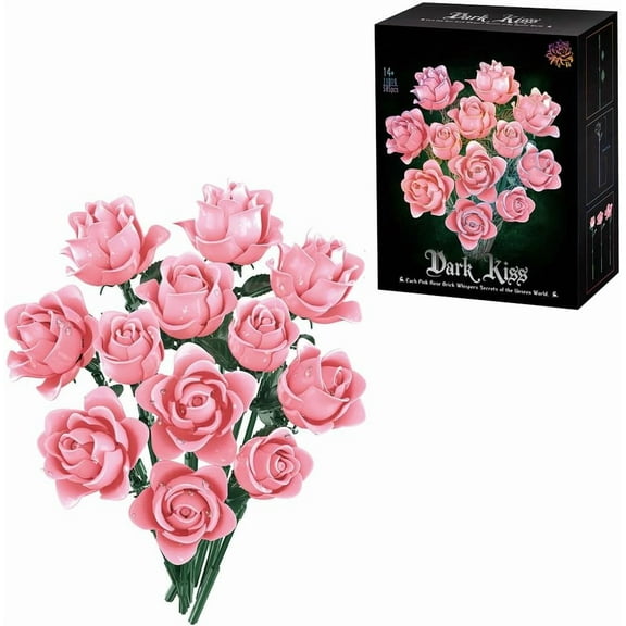 Honchoes Pink Roses Flower Bouquet Building Set Compatible with Lego Artificial Flowers Home Decor Gift for Adults Women Valentine's Day 585 Pcs