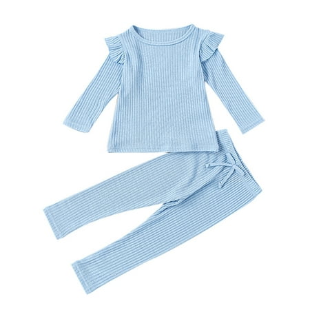 

1-6T Kids Baby Girls Soft Comfy Cotton Fall Winter Ruffled Tops Pants 2-Piece Pajama Set Solid Color