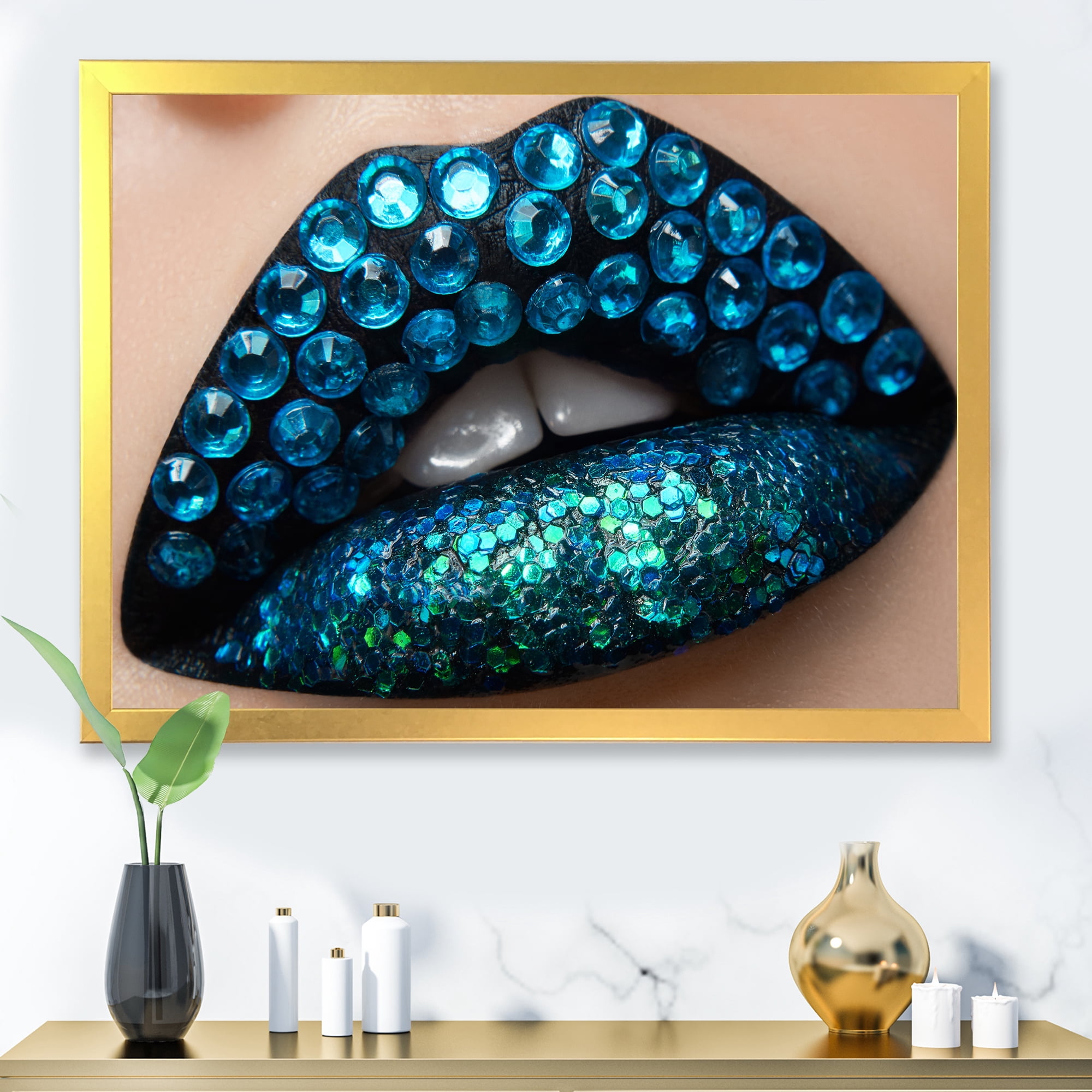 Designart 'Woman Lips With Black Lipstick Blue Diamonds' Modern Framed Art Print