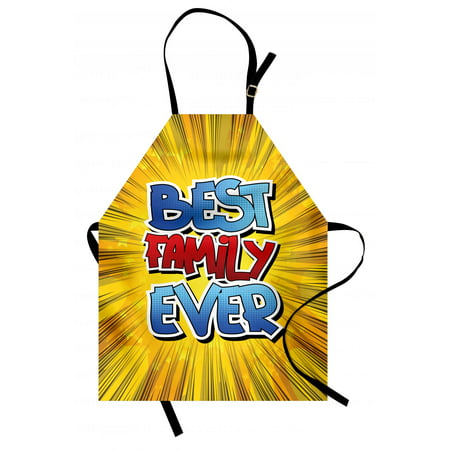 Family Apron Comic Book Style Best Family Ever Words on Abstract Cartoon Backdrop Graphic, Unisex Kitchen Bib Apron with Adjustable Neck for Cooking Baking Gardening, Blue Red Yellow, by