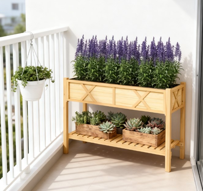 Dual-Tier Elevated Wood Planter Box, Raised Garden Bed with Storage Shelf, Drainage Holes and Liner