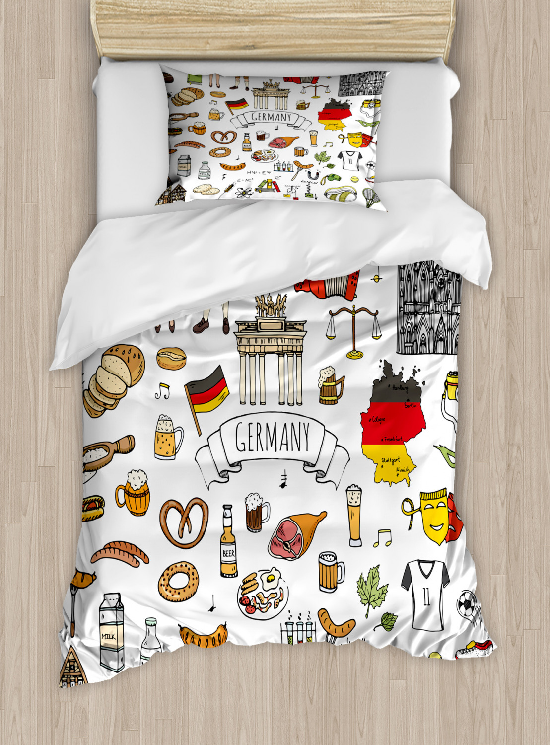 German Twin Size Duvet Cover Set, Hand Drawn Doodle of German Culture